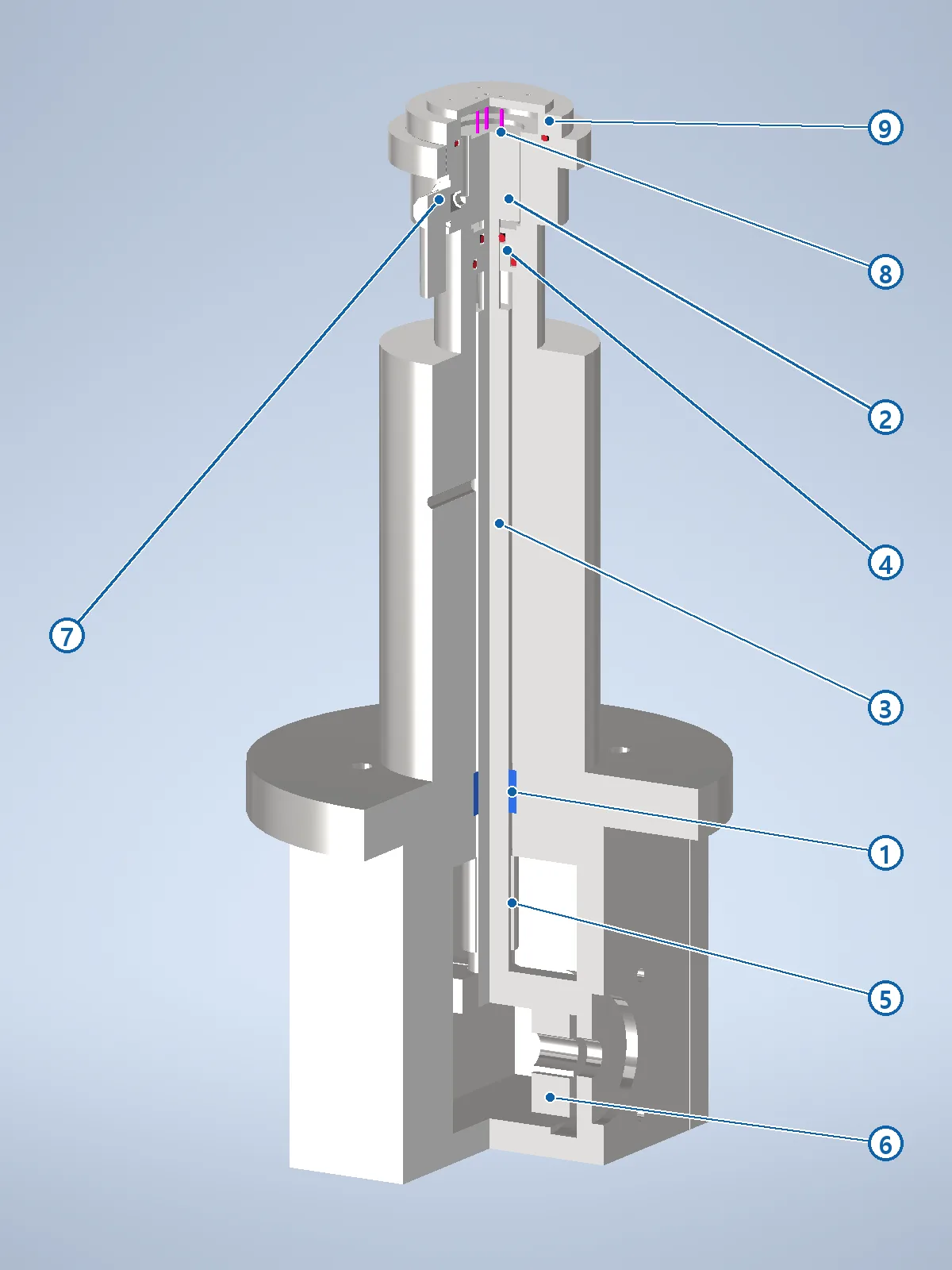 Quarter section of the ejector head, guide bush blue and seals red.