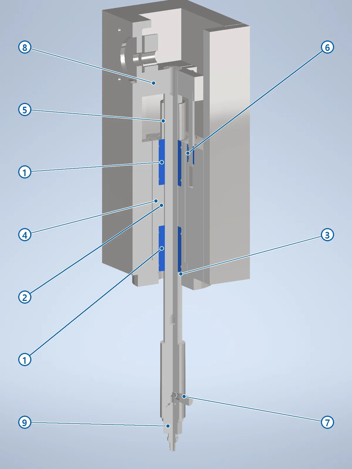Quarter section of the pick head, bushings blue.